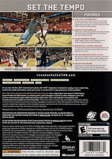 
NCAA Basketball 09 | Xbox 360 | back cover | Data by MobyGames.com