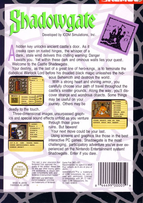 
Shadowgate | NES | back cover | Data by MobyGames.com