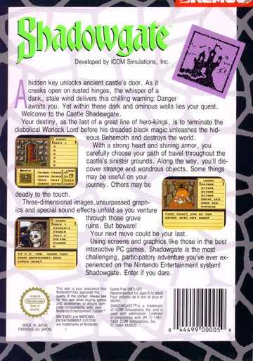
Shadowgate | NES | back cover | Data by MobyGames.com