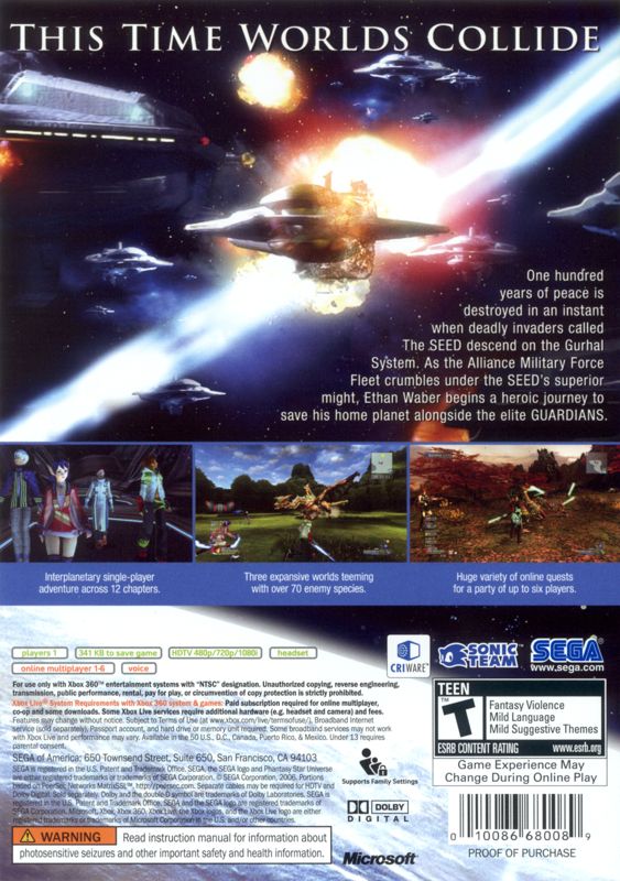 Phantasy Star Universe | Xbox 360 | back cover | Region: North America | source-country=United States | Data by MobyGames.com