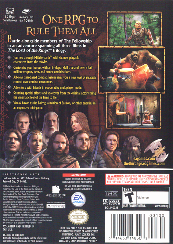The Lord of the Rings: The Third Age | GameCube | back cover | region=North America | source-country=United States | zypher-v2 | moby-e73b16e332b6 | Data by MobyGames.com