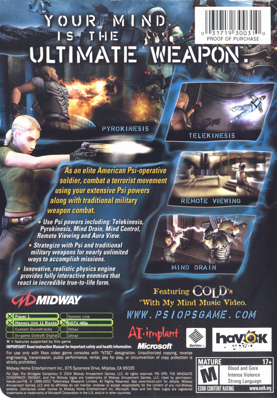 Psi-Ops: The Mindgate Conspiracy | Xbox | back cover | region=North America | source-country=United States | zypher-v2 | moby-f79058b63a3a | Data by MobyGames.com