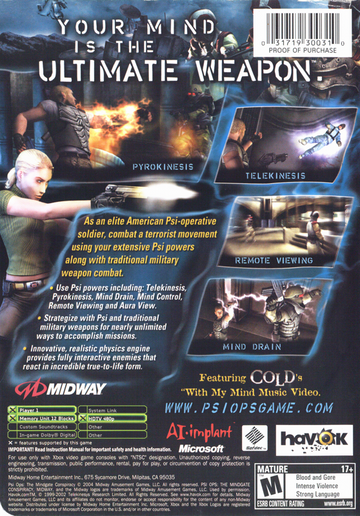 Psi-Ops: The Mindgate Conspiracy | Xbox | back cover | region=North America | source-country=United States | zypher-v2 | moby-f79058b63a3a | Data by MobyGames.com