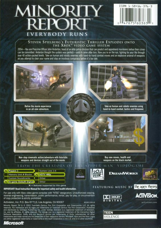 Minority Report: Everybody Runs | Xbox | back cover | region=North America | source-country=Canada,United States | zypher-v2 | moby-0082a430afe1 | Data by MobyGames.com