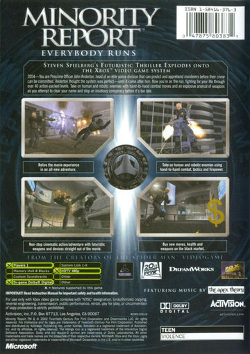Minority Report: Everybody Runs | Xbox | back cover | region=North America | source-country=Canada,United States | zypher-v2 | moby-0082a430afe1 | Data by MobyGames.com