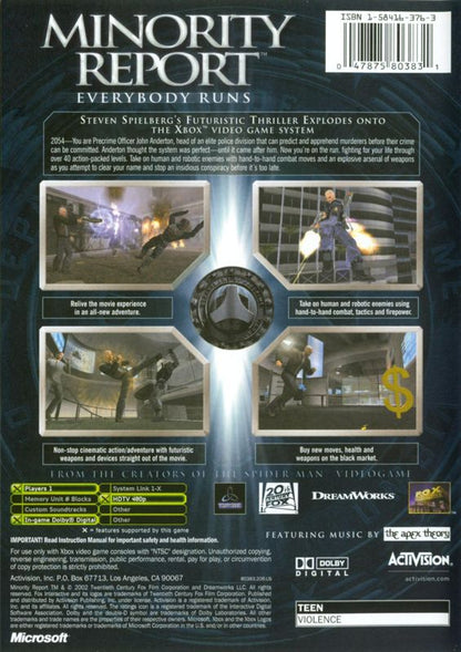 Minority Report: Everybody Runs | Xbox | back cover | region=North America | source-country=Canada,United States | zypher-v2 | moby-0082a430afe1 | Data by MobyGames.com