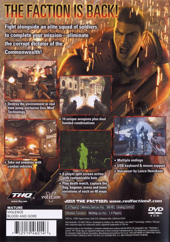 Red Faction II | PlayStation 2 | back cover | Data by MobyGames.com