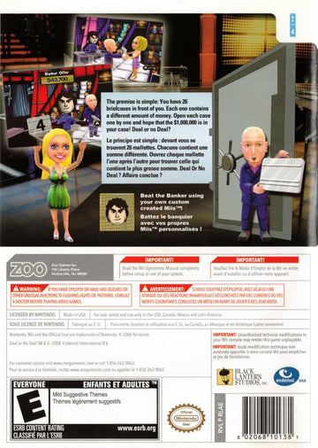 Deal or No Deal | Wii | back cover | region=North America | source-country=Canada,United States | zypher-v2 | moby-91441a7229ec | Data by MobyGames.com