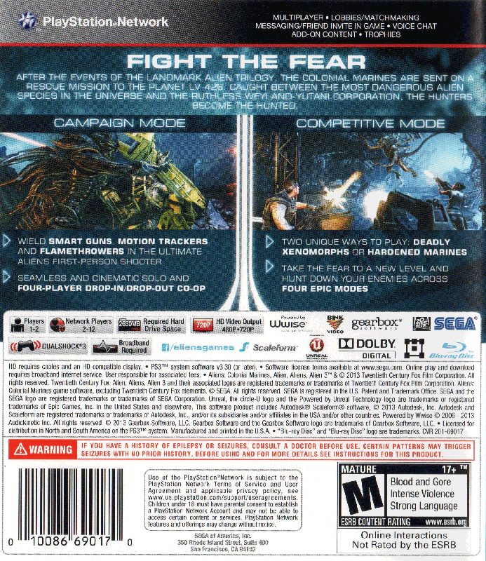 
Aliens: Colonial Marines | PlayStation 3 | back cover | Region: North America | source-country=United States | Data by MobyGames.com