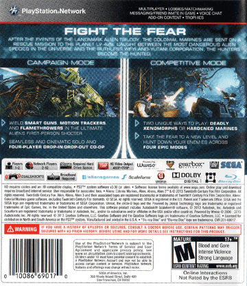 
Aliens: Colonial Marines | PlayStation 3 | back cover | Region: North America | source-country=United States | Data by MobyGames.com