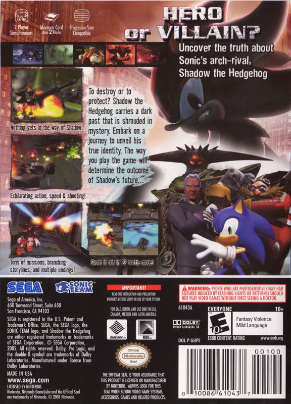 Shadow the Hedgehog | GameCube | back cover | region=North America | source-country=United States | zypher-v2 | moby-4b77c6e0e594 | Data by MobyGames.com