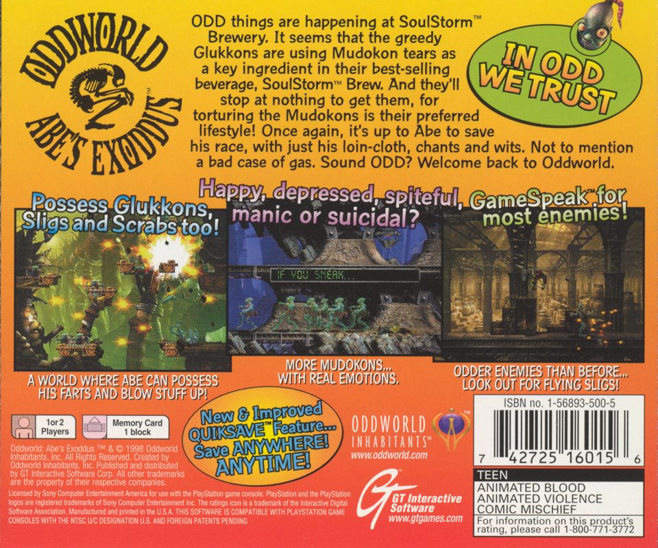 
Oddworld: Abe's Exoddus | PlayStation | back cover | Data by MobyGames.com