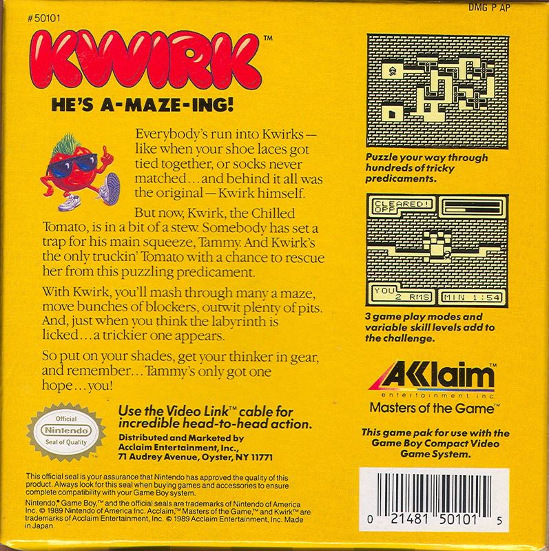 
Kwirk | Game Boy | back cover | Data by MobyGames.com
