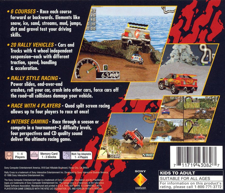 
Rally Cross | PlayStation | back cover | Region: North America | source-country=United States | Data by MobyGames.com