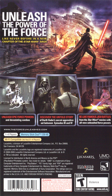 Star Wars: The Force Unleashed | PSP | back cover | Data by MobyGames.com