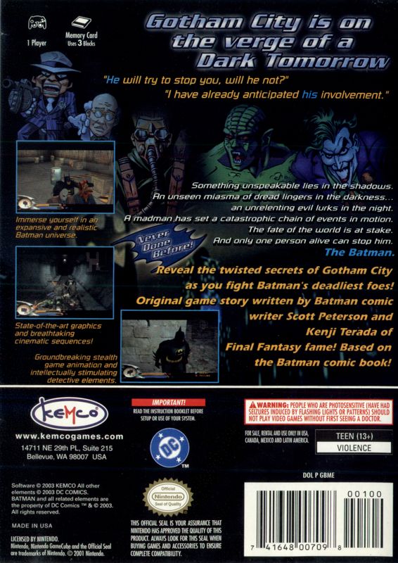 Batman: Dark Tomorrow | GameCube | back cover | Data by MobyGames.com