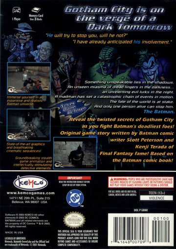 
Batman: Dark Tomorrow | GameCube | back cover | Data by MobyGames.com