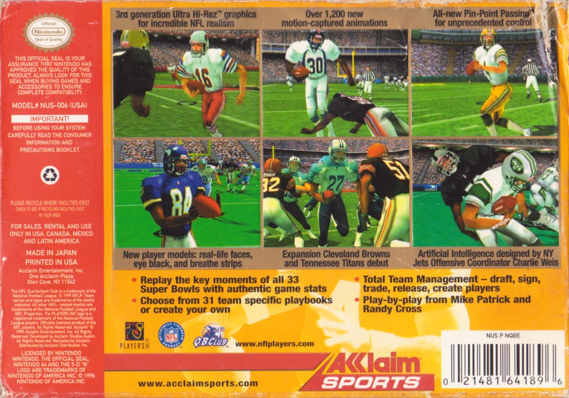 NFL Quarterback Club 2000 | Nintendo 64 | back cover | region=North America | source-country=Canada,Mexico,Other,United States | zypher-v2 | moby-f2ea04e3fcb3 | Data by MobyGames.com