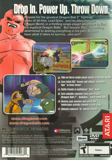 Dragon Ball Z: Budokai 2 | PlayStation 2 | back cover | region=North America | source-country=Canada,United States | zypher-v2 | moby-a8046dd718b7 | Data by MobyGames.com