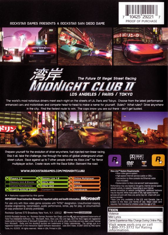 Midnight Club II | Xbox | back cover | region=North America | source-country=Canada,United States | zypher-v2 | moby-1469011b1203 | Data by MobyGames.com