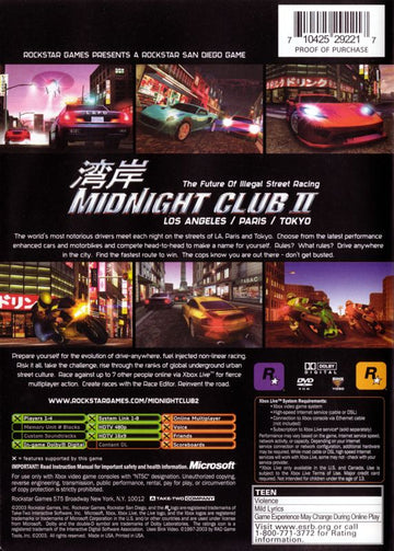 Midnight Club II | Xbox | back cover | region=North America | source-country=Canada,United States | zypher-v2 | moby-1469011b1203 | Data by MobyGames.com