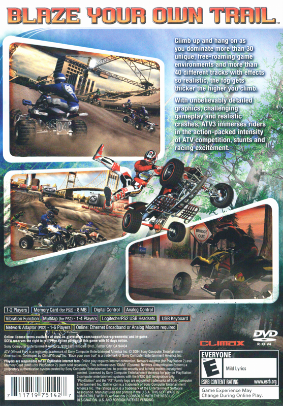 ATV Offroad Fury 3 | PlayStation 2 | back cover | region=North America | source-country=United States | zypher-v2 | moby-95cae55d4dad | Data by MobyGames.com