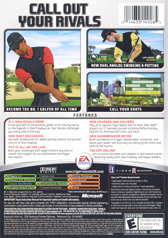 Tiger Woods PGA Tour 06 | Xbox | back cover | region=North America | source-country=United States | zypher-v2 | moby-870a56a9bb5f | Data by MobyGames.com