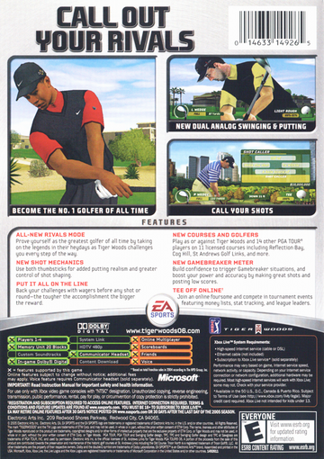 Tiger Woods PGA Tour 06 | Xbox | back cover | region=North America | source-country=United States | zypher-v2 | moby-870a56a9bb5f | Data by MobyGames.com