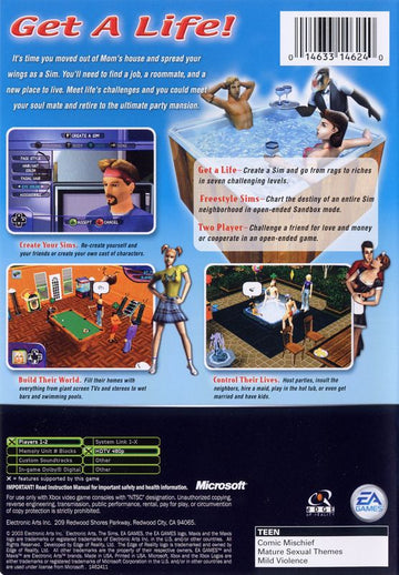 The Sims | Xbox | back cover | region=North America | source-country=Canada,United States | zypher-v2 | moby-f98878e8018e | Data by MobyGames.com