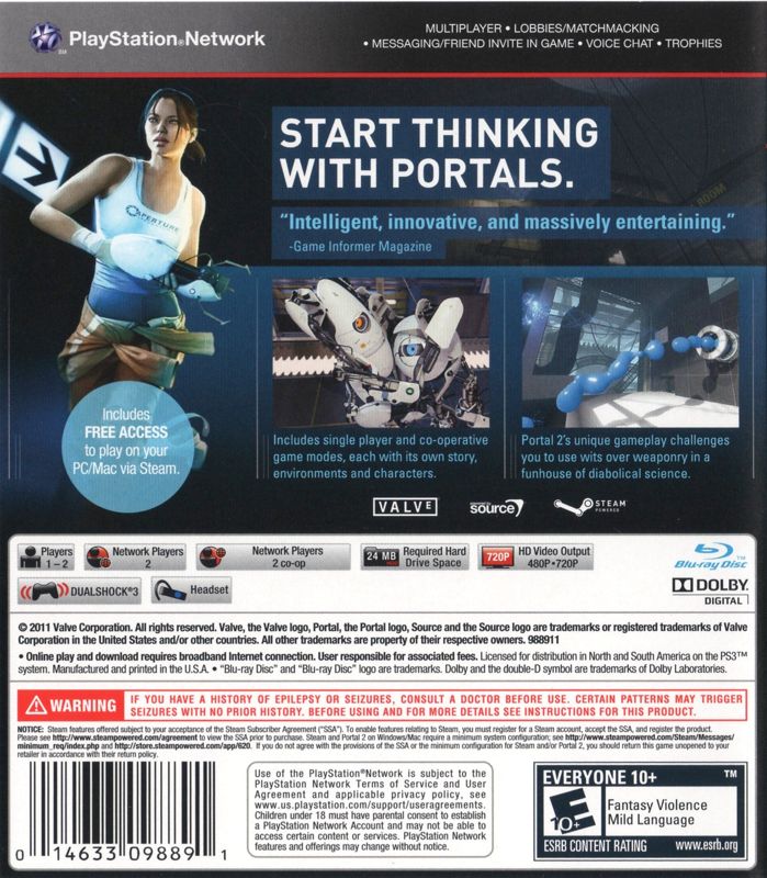 Portal 2 | PlayStation 3 | back cover | region=North America | source-country=Canada,United States | zypher-v2 | moby-11981c0df30d | Data by MobyGames.com