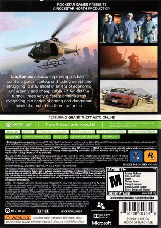 
Grand Theft Auto V | Xbox 360 | back cover | Data by MobyGames.com