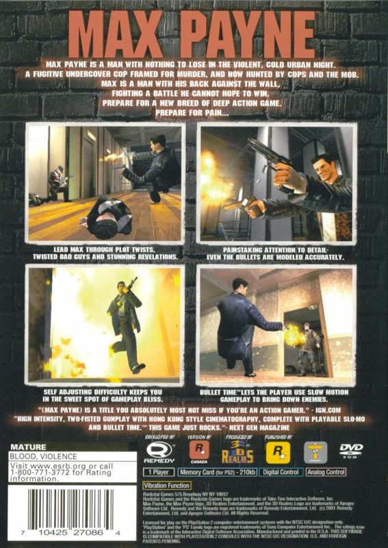 Max Payne | PlayStation 2 | back cover | Data by MobyGames.com