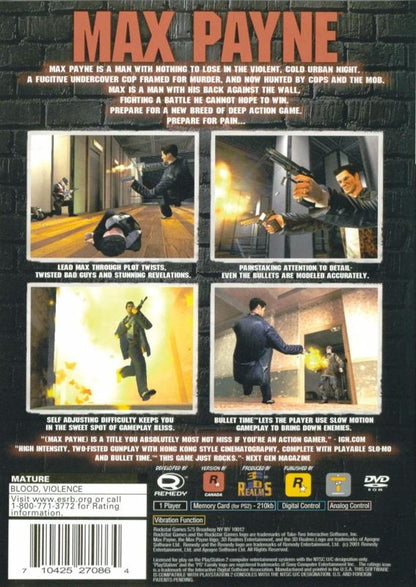 
Max Payne | PlayStation 2 | back cover | Data by MobyGames.com