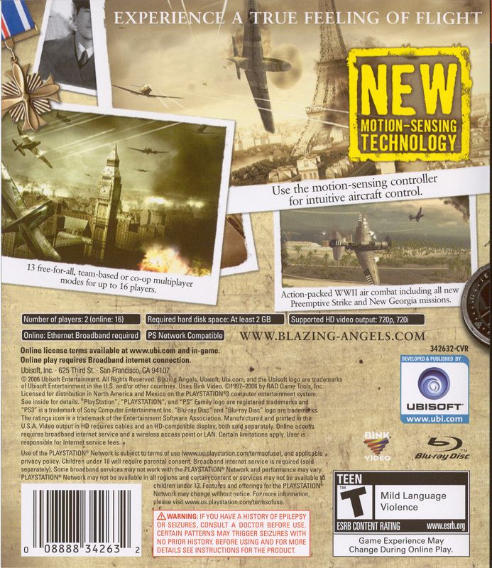Blazing Angels: Squadrons of WWII | PlayStation 3 | back cover | region=North America | source-country=United States | zypher-v2 | moby-b26153a1d7b4 | Data by MobyGames.com