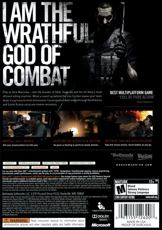 
Dick Marcinko: Rogue Warrior | Xbox 360 | back cover | Region: North America | source-country=United States | Data by MobyGames.com