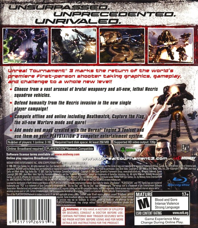 Unreal Tournament III | PlayStation 3 | back cover | Region: North America | source-country=United States | Data by MobyGames.com