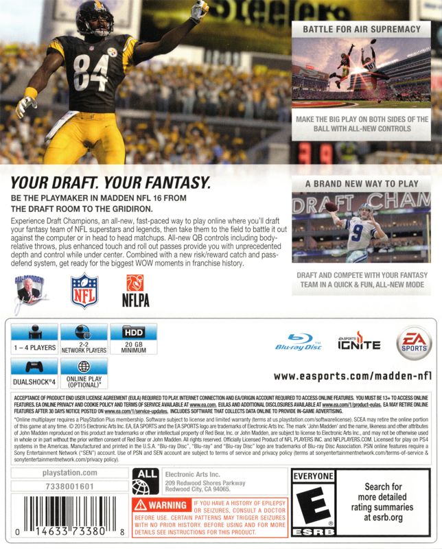 Madden NFL 16 | PlayStation 4 | back cover | region=North America | source-country=United States | zypher-v2 | moby-26b078775964 | Data by MobyGames.com