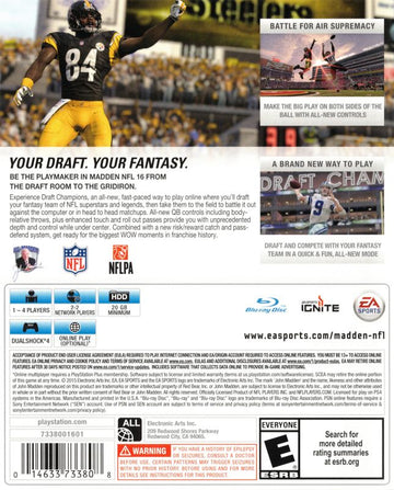 Madden NFL 16 | PlayStation 4 | back cover | region=North America | source-country=United States | zypher-v2 | moby-26b078775964 | Data by MobyGames.com