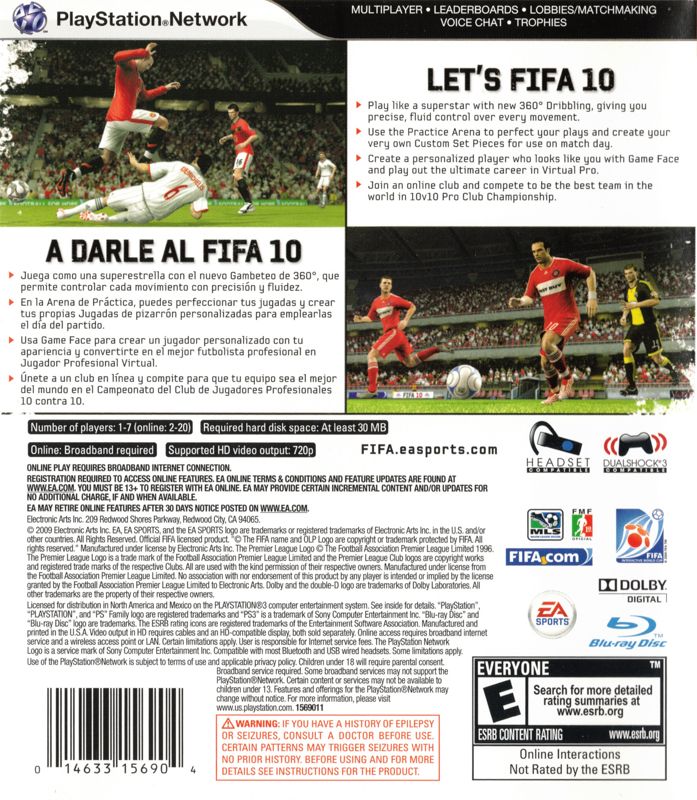 
FIFA Soccer 10 | PlayStation 3 | back cover | Region: North America | source-country=Mexico,United States | Data by MobyGames.com