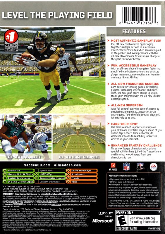 
Madden NFL 09 | Xbox | back cover | Data by MobyGames.com
