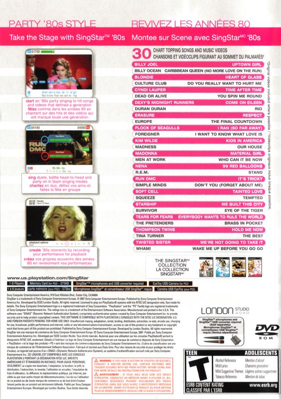 SingStar: '80s | PlayStation 2 | back cover | region=North America | source-country=Canada | zypher-v2 | moby-9fdf464ad7ac | Data by MobyGames.com