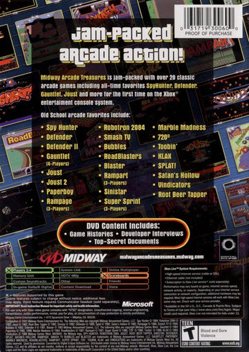 Midway Arcade Treasures | Xbox | back cover | region=North America | source-country=United States | zypher-v2 | moby-659fae12768d | Data by MobyGames.com