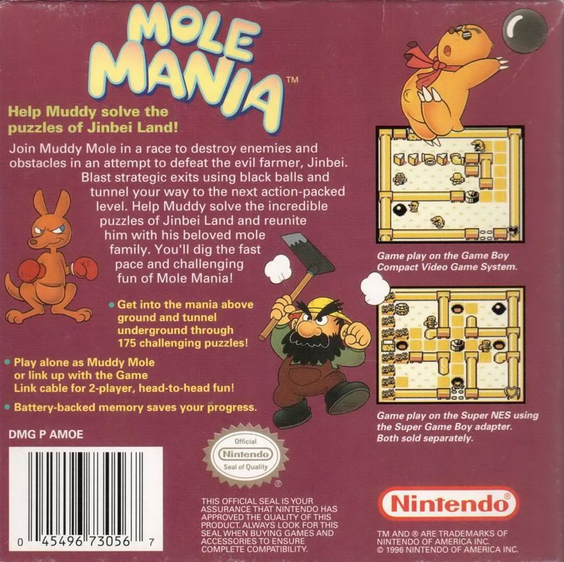
Mole Mania | Game Boy | back cover | Data by MobyGames.com