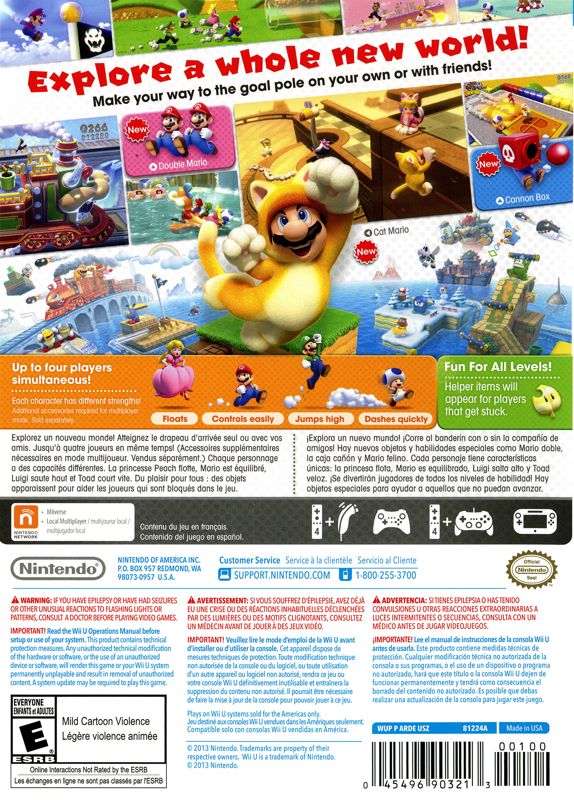 Super Mario 3D World | Wii U | back cover | region=North America | source-country=Canada,Mexico,United States | zypher-v2 | moby-d8ebe721d07a | Data by MobyGames.com