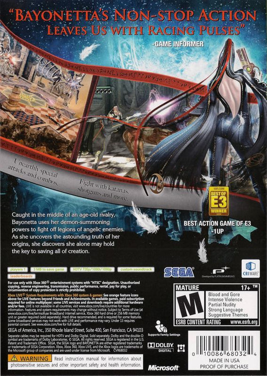 Bayonetta | Xbox 360 | back cover | region=North America | source-country=United States | zypher-v2 | moby-05e6679280e9 | Data by MobyGames.com
