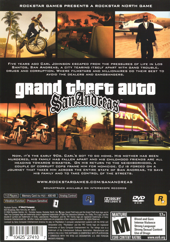 Grand Theft Auto: San Andreas | PlayStation 2 | back cover | region=North America | source-country=Canada,United States | zypher-v2 | moby-c0a069219d49 | Data by MobyGames.com