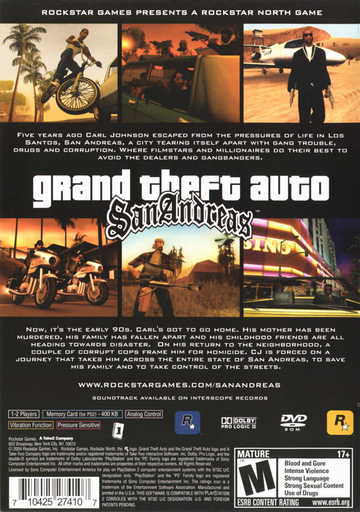 Grand Theft Auto: San Andreas | PlayStation 2 | back cover | region=North America | source-country=Canada,United States | zypher-v2 | moby-c0a069219d49 | Data by MobyGames.com