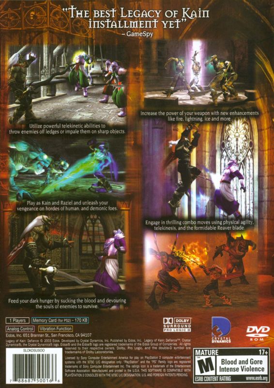 Legacy of Kain: Defiance | PlayStation 2 | back cover | region=North America | source-country=Canada,United States | zypher-v2 | moby-93c3e9b8b8ef | Data by MobyGames.com