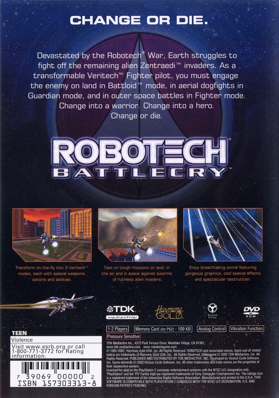 Robotech: Battlecry | PlayStation 2 | back cover | Region: North America | source-country=Canada,United States | Data by MobyGames.com