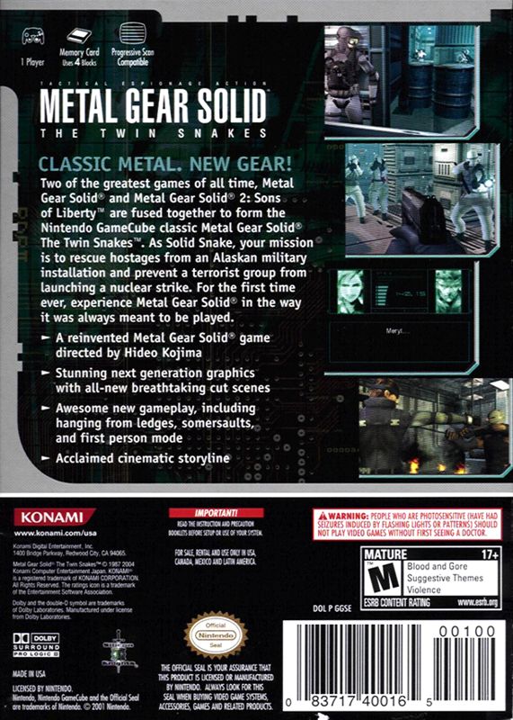 Metal Gear Solid: The Twin Snakes | GameCube | back cover | region=North America | source-country=Canada,Mexico,Other,United States | zypher-v2 | moby-fe0730a01578 | Data by MobyGames.com